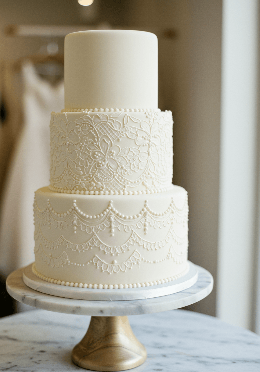 Top tier detail of wedding cake showing intricate painted lace and floral motifs