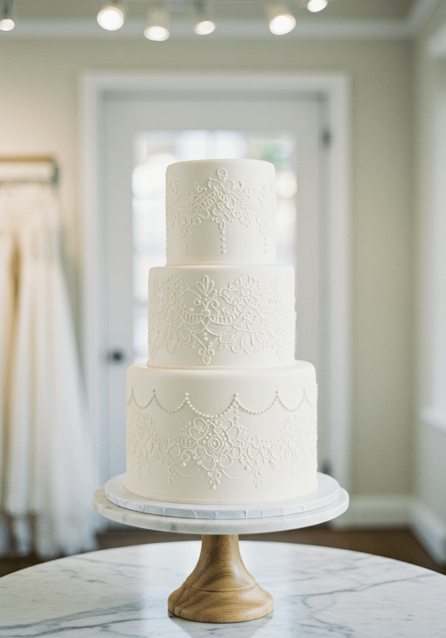 Three-tier white wedding cake with traditional hand-painted lace patterns on marble pedestal
