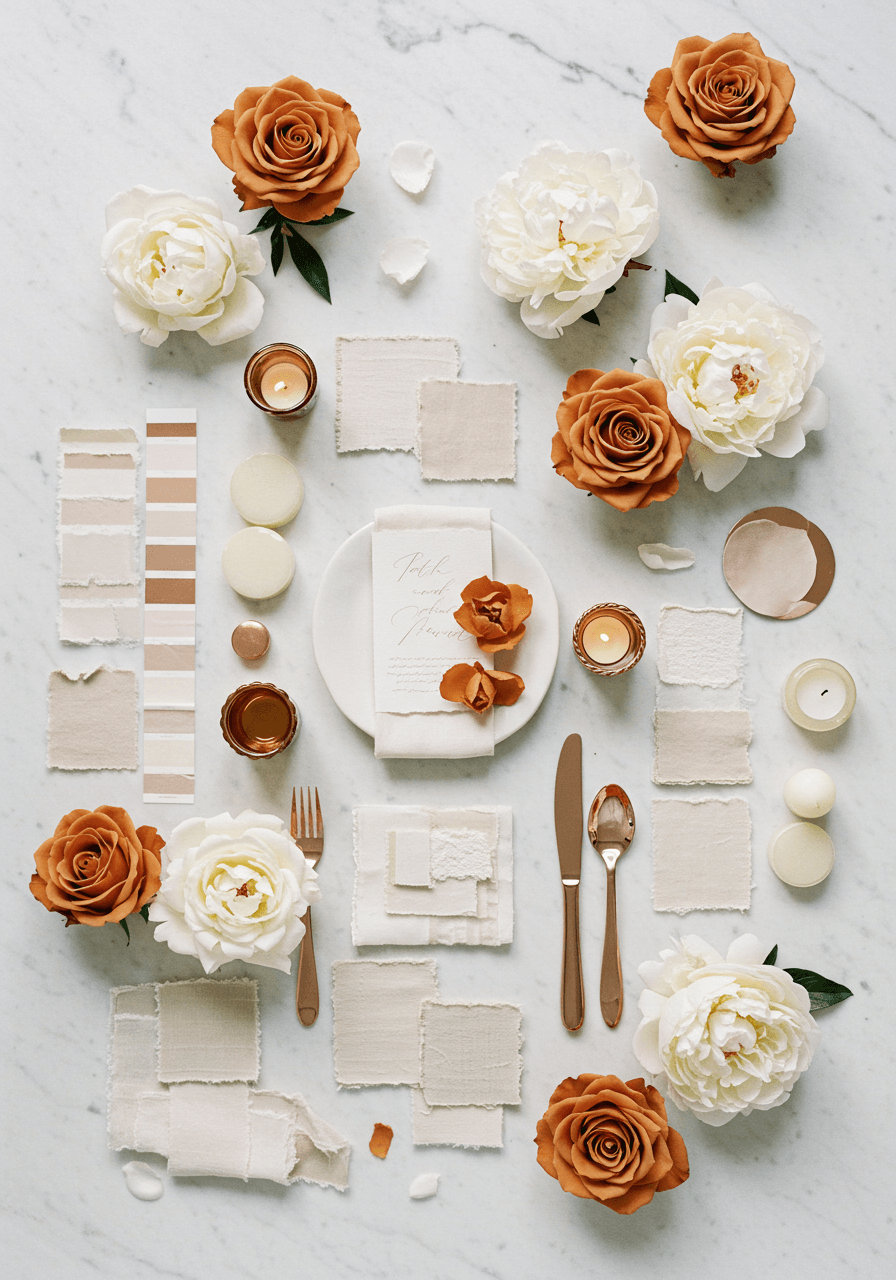 Burnt sienna and ivory wedding flat lay with warm earth-toned roses and elegant cream details