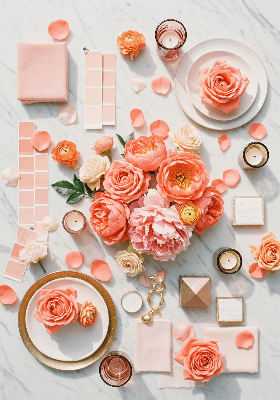 Coral and peach wedding flat lay with garden roses, peonies, and ranunculus on white marble surface