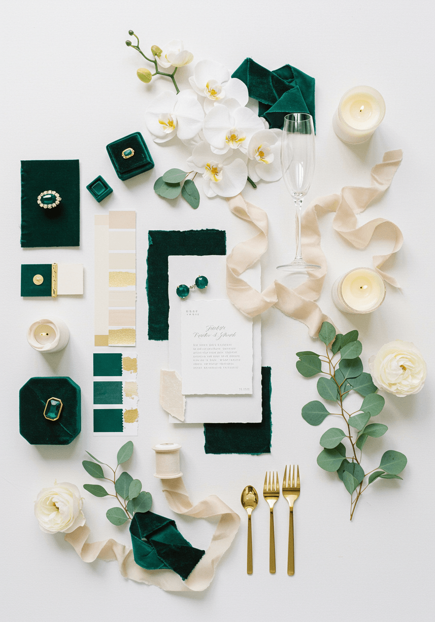 Emerald and champagne wedding mood board featuring deep green velvet and champagne silk with gold accents