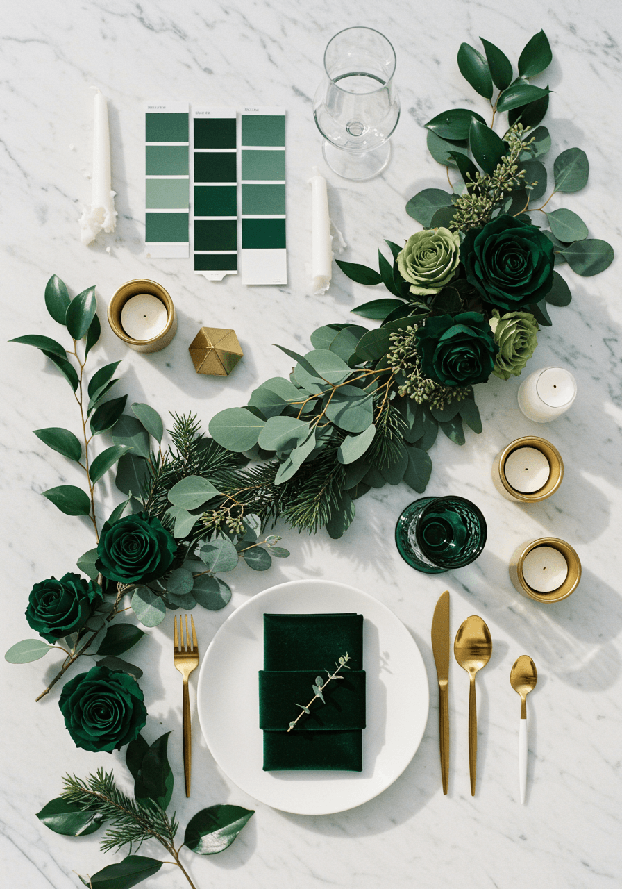 Deep forest green wedding mood board with eucalyptus branches, pine sprigs, and matte gold accents