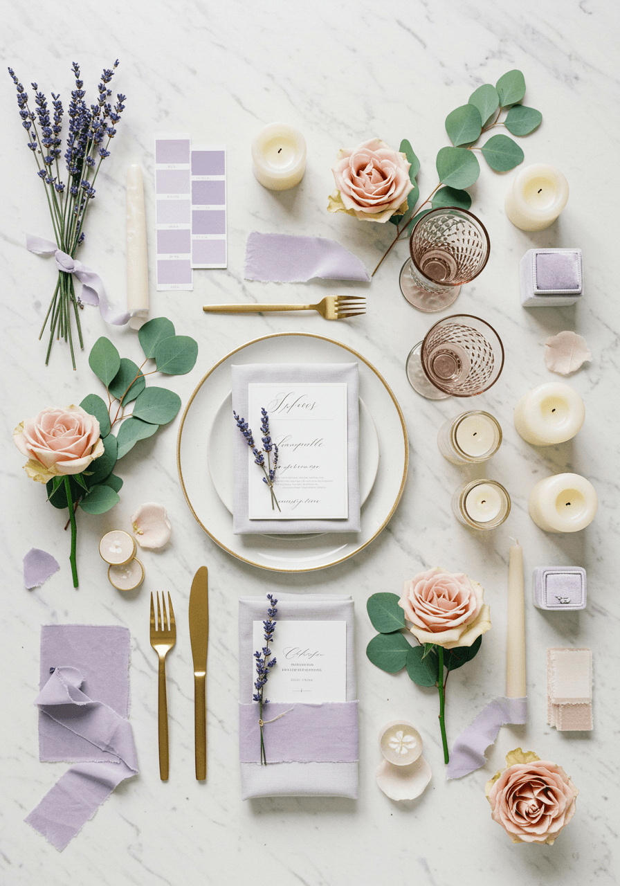 Lavender and champagne wedding flat lay with lavender sprigs, champagne roses, and elegant gold details