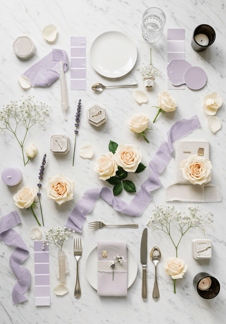 Soft lavender and cream wedding mood board with lavender sprigs, cream roses, and silver details