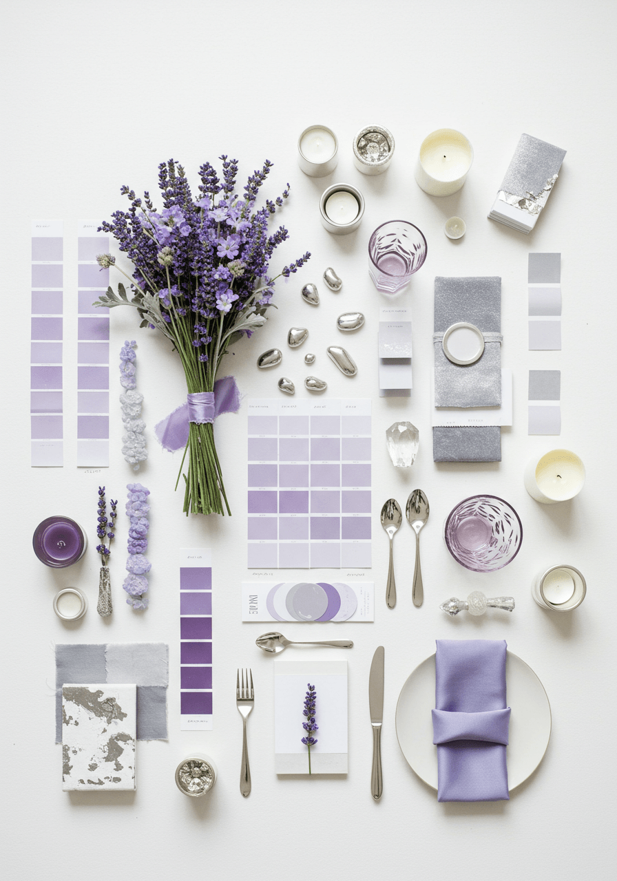 Lavender and silver wedding flat lay with lavender sprigs, dusty miller, and elegant silver accents on white background