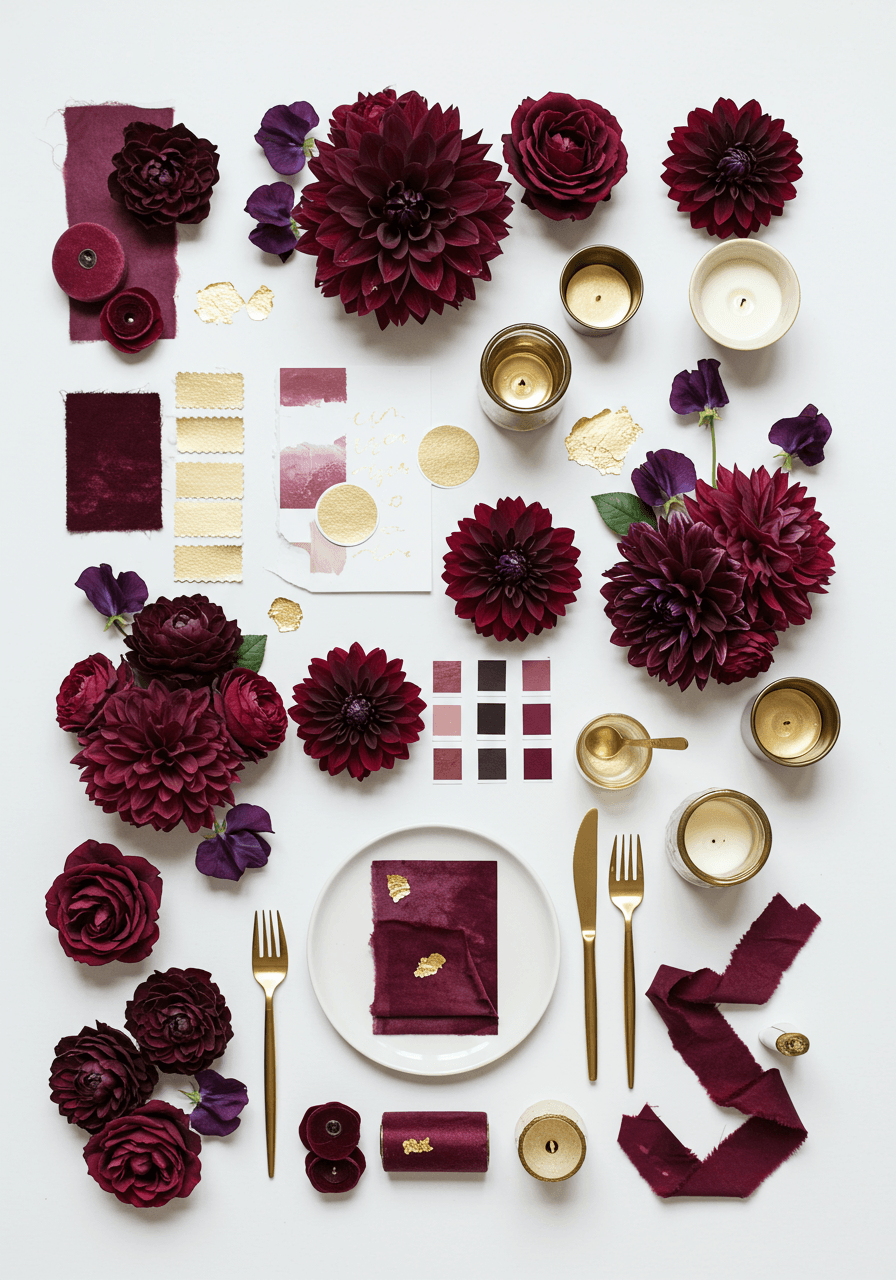 Rich plum and gold wedding mood board with burgundy dahlias, deep purple sweet peas, and gold metallic details