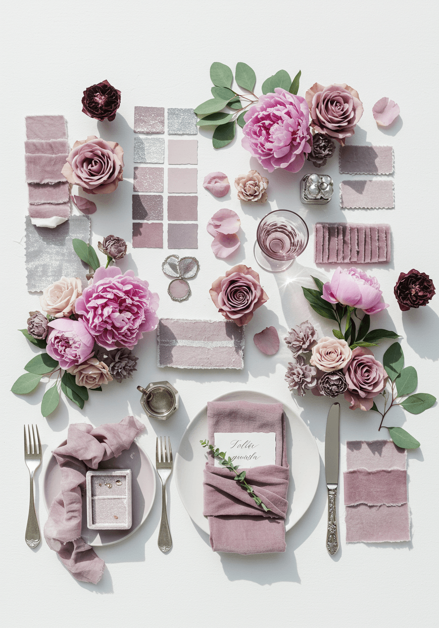Mauve and silver wedding mood board with mauve flowers, dusty miller, and elegant silver cutlery
