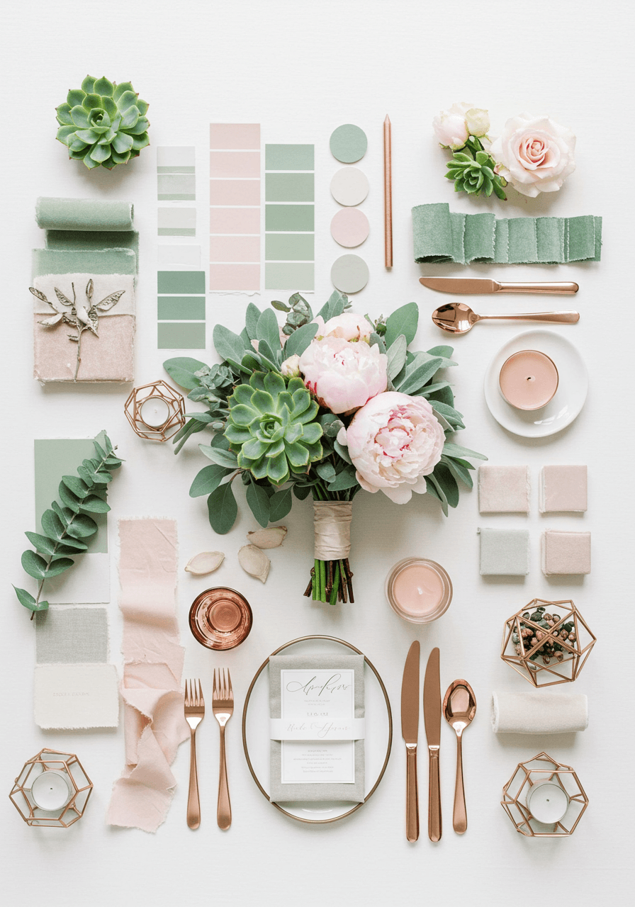 Sage green and blush pink wedding mood board with eucalyptus, peonies, and rose gold details