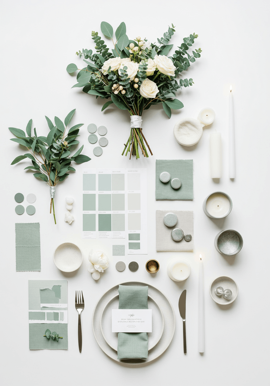 Sage and eucalyptus wedding mood board with muted green tones, eucalyptus stems, and silver accents