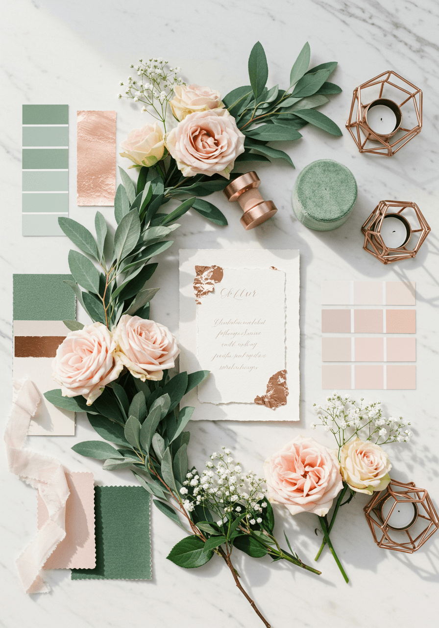Sage and rose gold wedding mood board with eucalyptus, blush roses, and elegant rose gold metallic accents