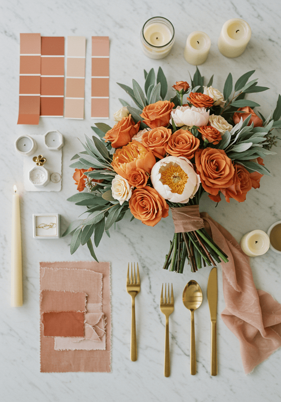 Terracotta and sage wedding bouquet with warm earth tones and eucalyptus on white marble surface