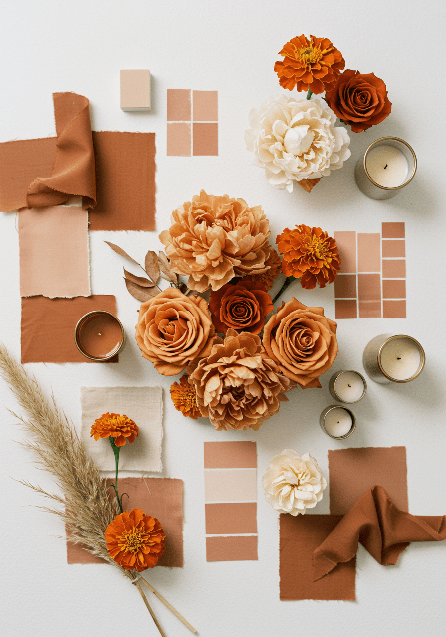 Terracotta and cream wedding mood board with warm orange roses, marigolds, and brass metallic accents