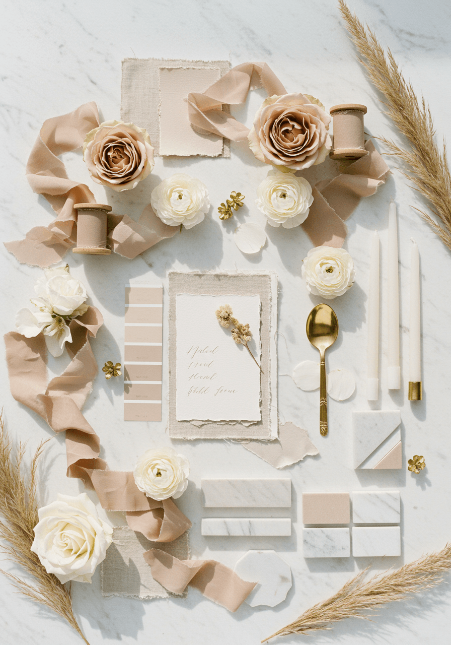 Warm taupe and ivory wedding inspiration board with garden roses, ranunculus, and gold-rimmed details