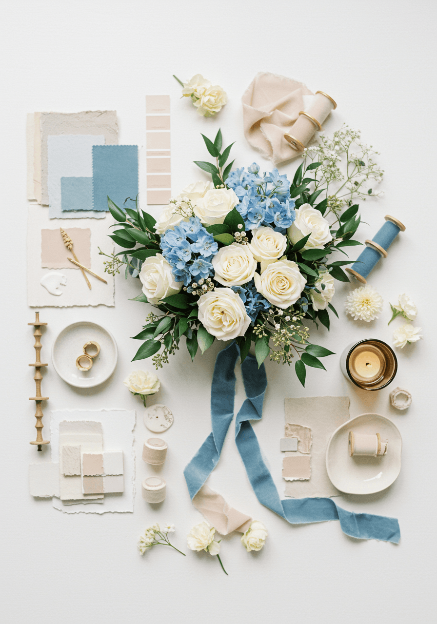 Dusty blue and champagne wedding mood board with delphiniums, white roses, and elegant gold details