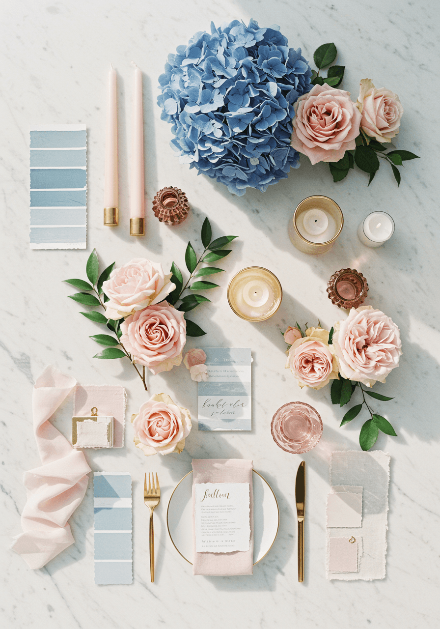 Dusty blue and pink wedding mood board with hydrangeas, roses, and elegant gold accents on marble