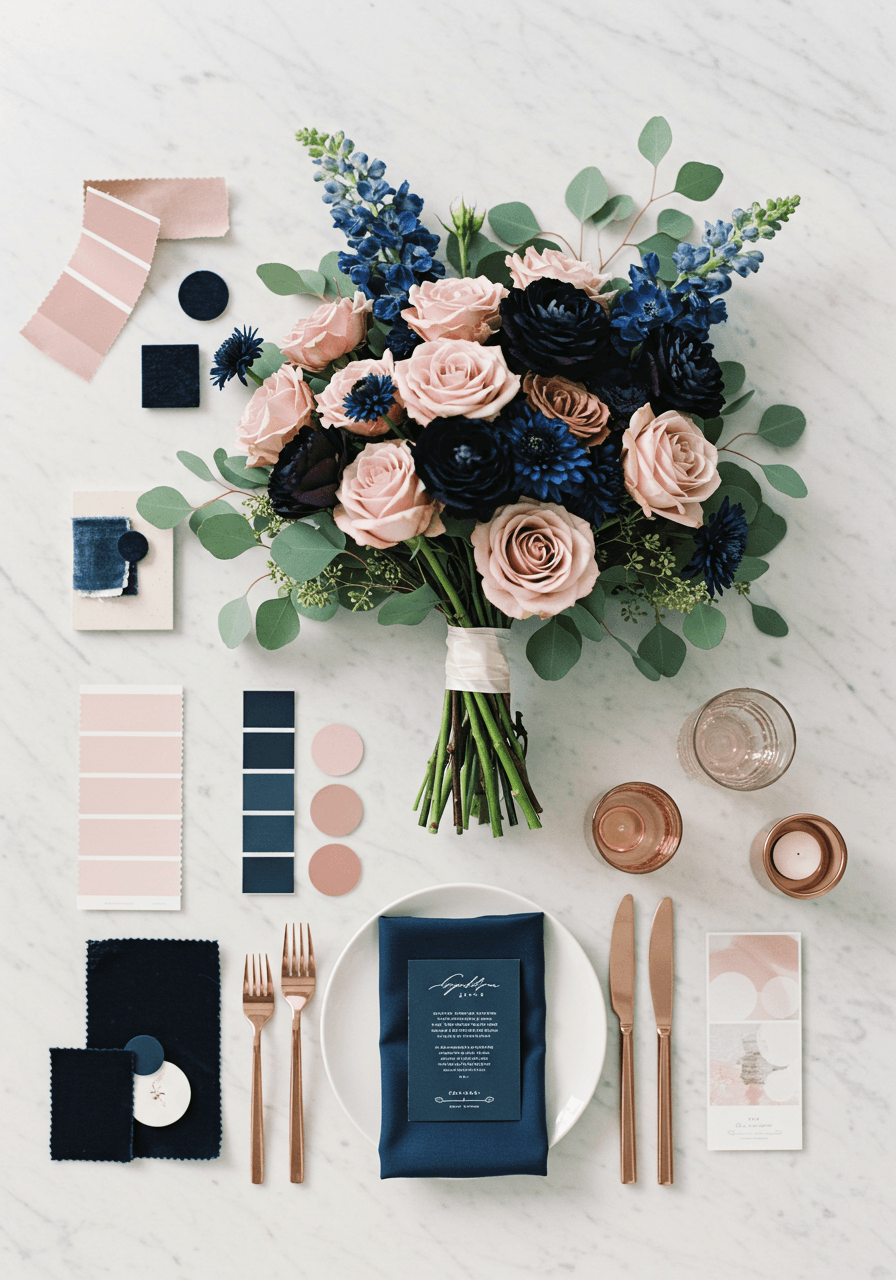 Navy and dusty rose wedding mood board with delphiniums, garden roses, and rose gold cutlery