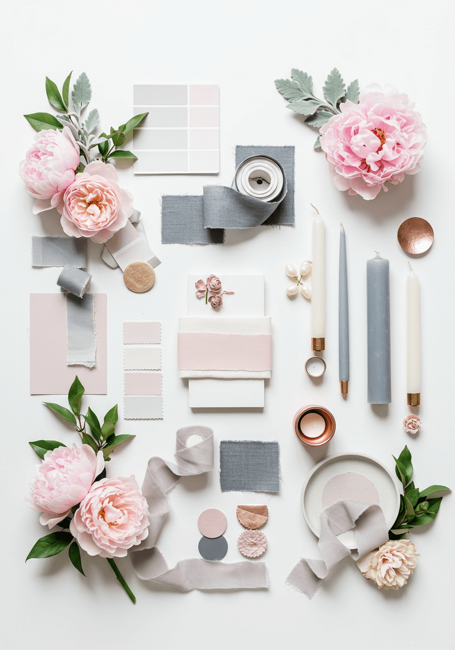Soft pink and gray wedding mood board with blush peonies, dusty miller, and rose gold accents