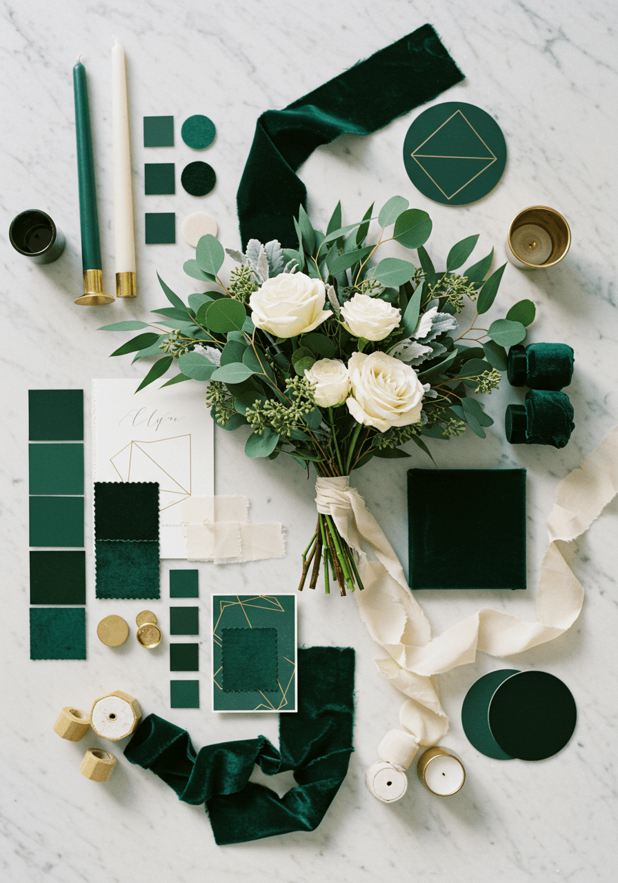Forest green and ivory wedding mood board with eucalyptus, white roses, and natural elegant textures