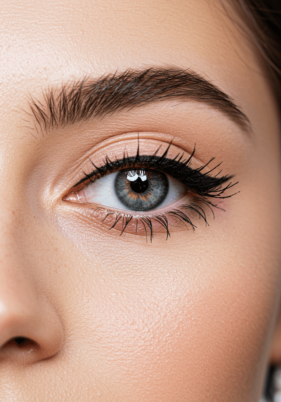 Extreme close-up of bride's eye with barely-visible winged eyeliner in bright studio lighting