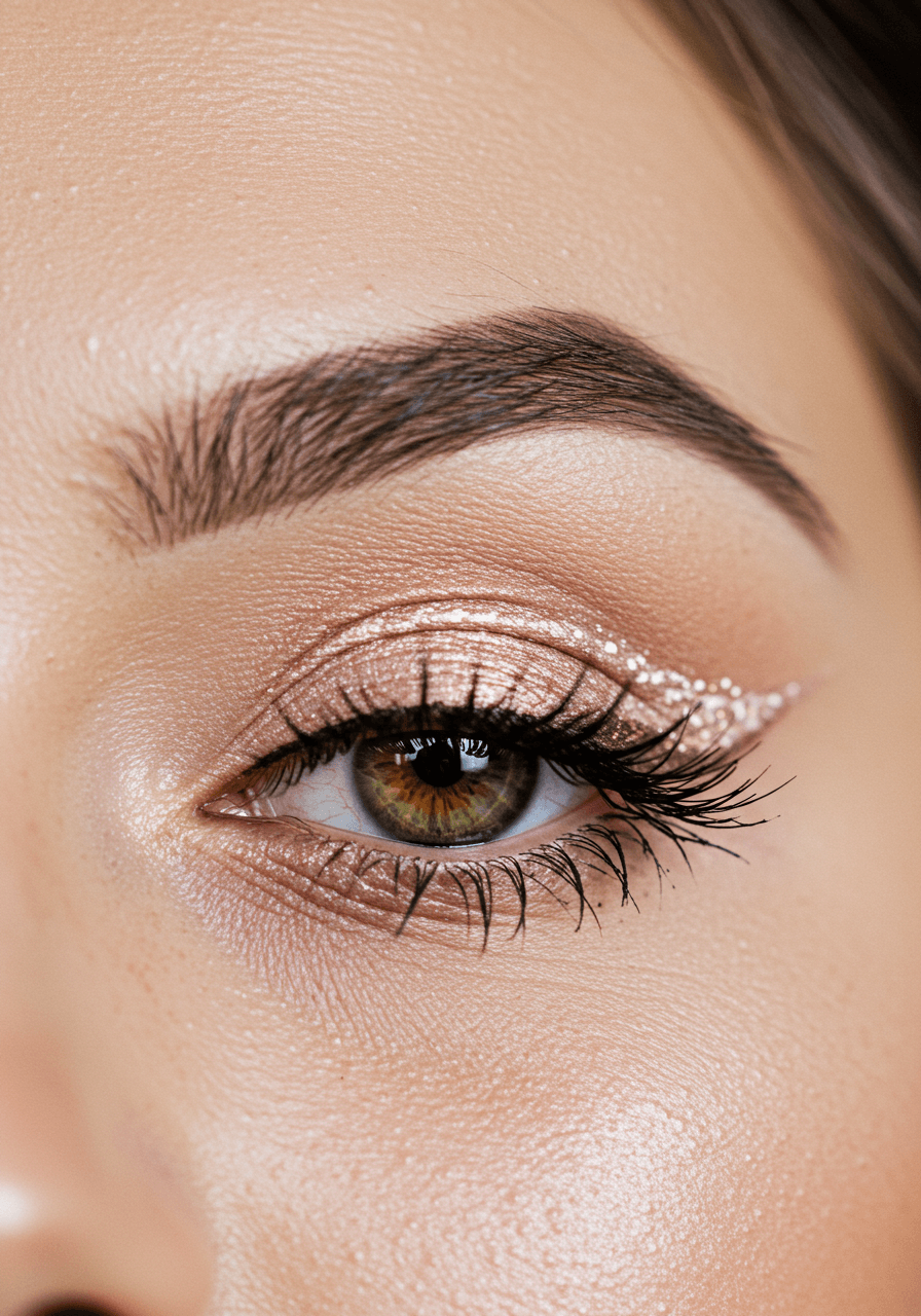 Extreme close-up of bride's eye showcasing pearl-toned winged eyeliner with subtle shimmer