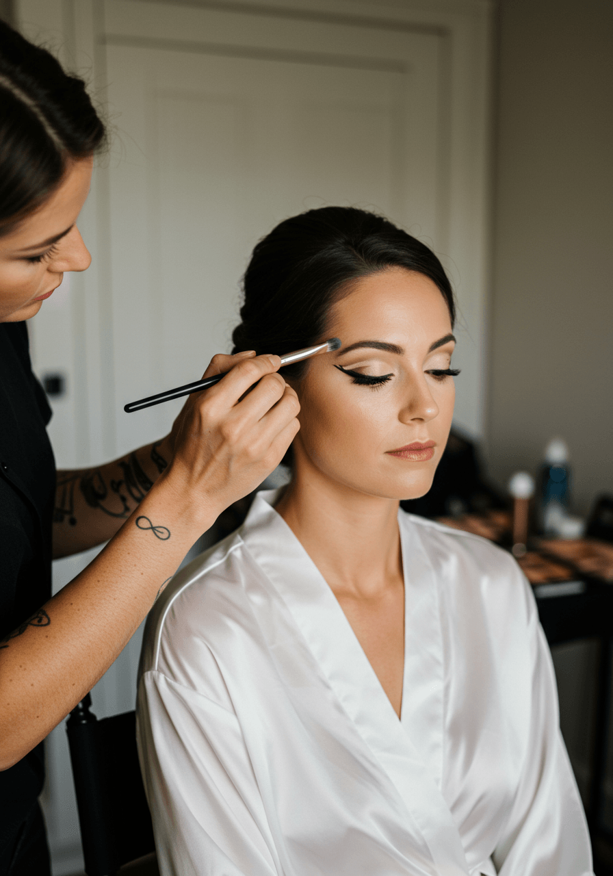 Makeup artist applying delicate feathered eyeliner technique on bride in bright preparation room