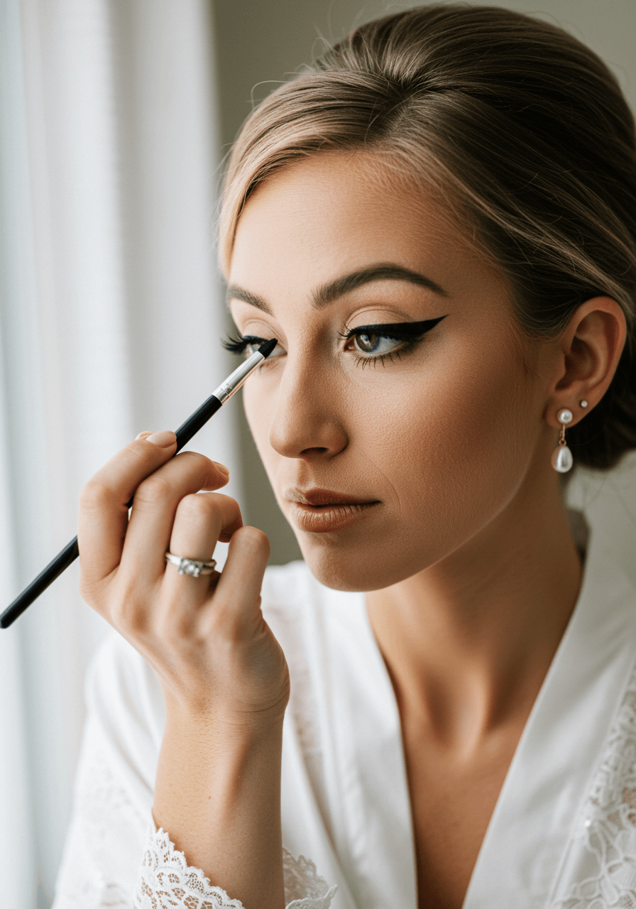 Close-up of bride applying delicate winged eyeliner with precision brush in bright morning light