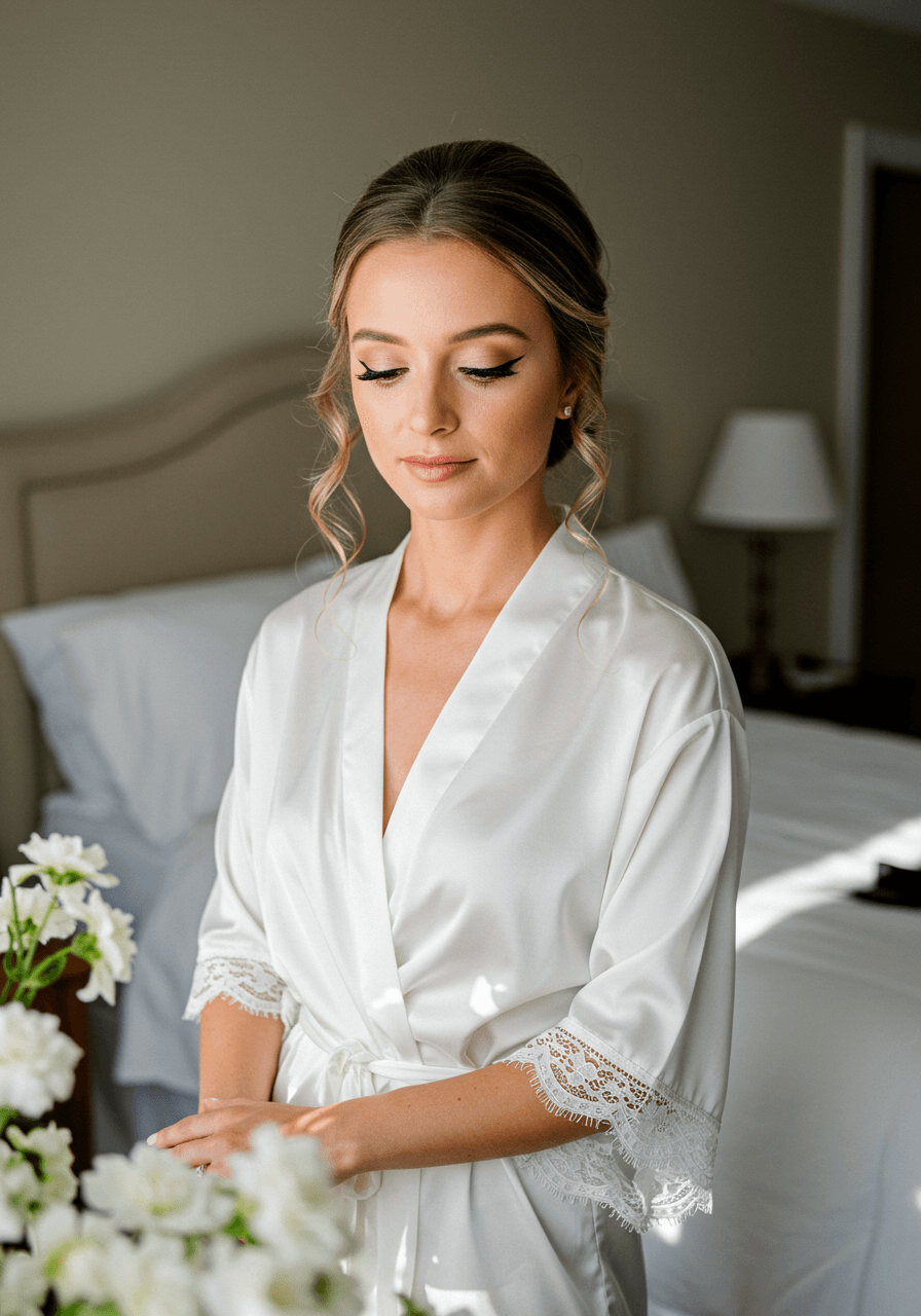 Bride in flowing silk robe with ultra-fine winged eyeliner in bright morning light