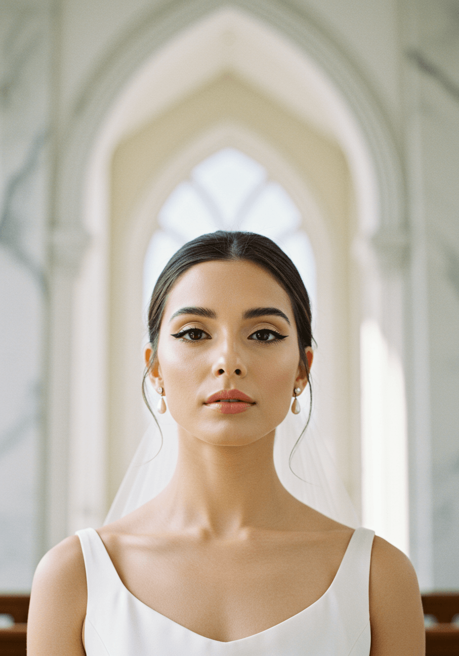 Close-up portrait of bride in chapel setting showing delicate winged eyeliner and natural makeup