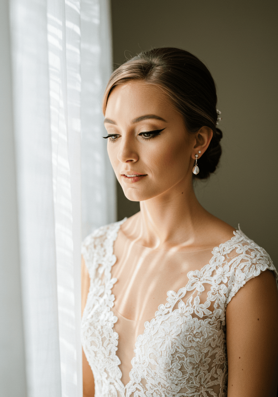 Bride with whisper-thin winged eyeliner standing in sunlit bridal suite with flowing curtains