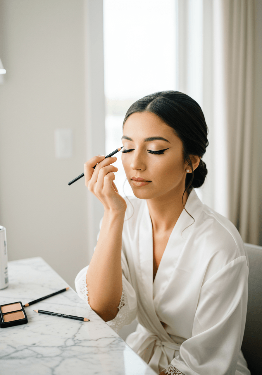 Wide shot of bride at marble vanity with delicate pencil eyeliner and preparation accessories
