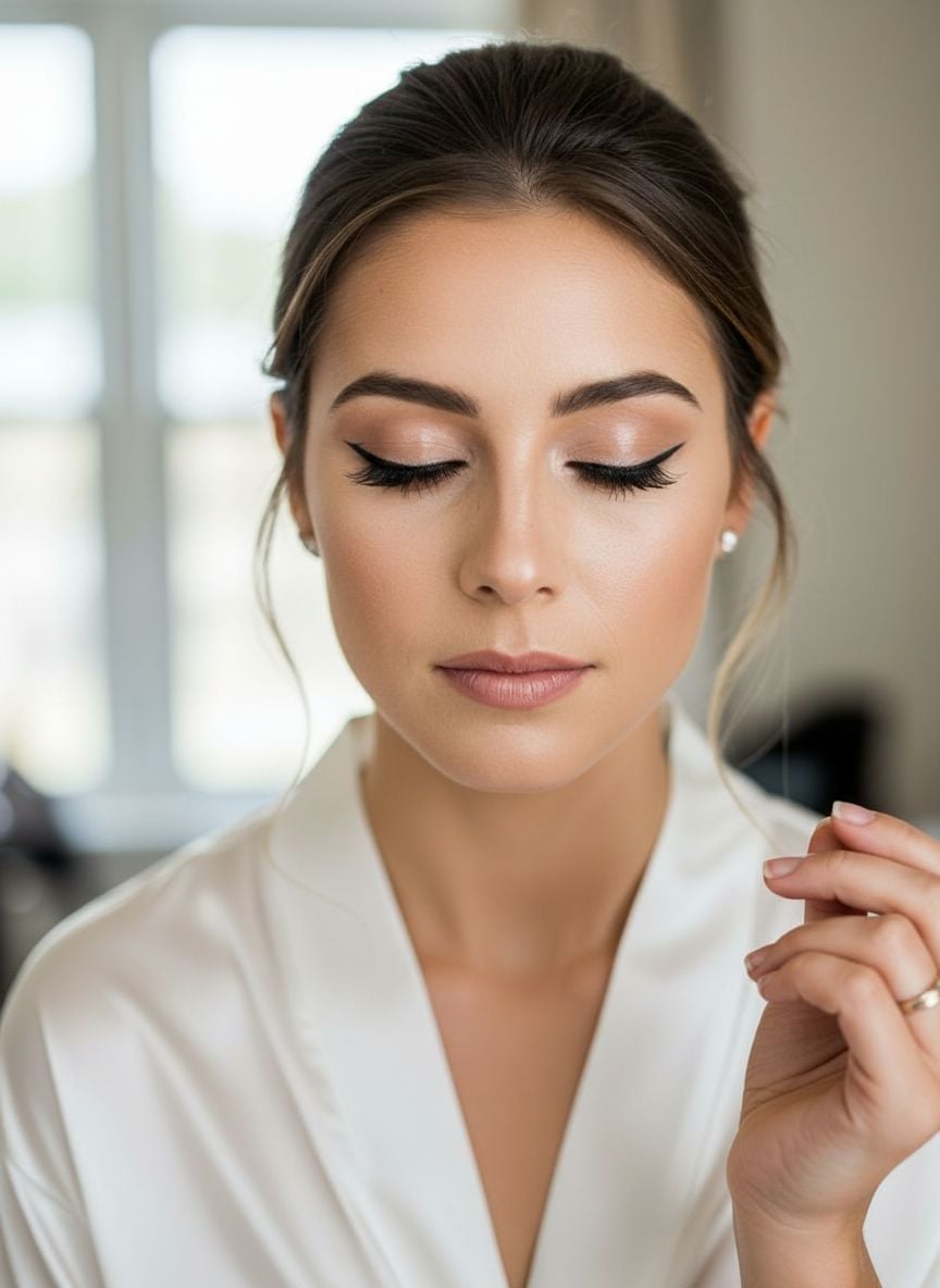 Bride with eyes closed showing completed pencil-soft winged eyeliner in elegant preparation setting