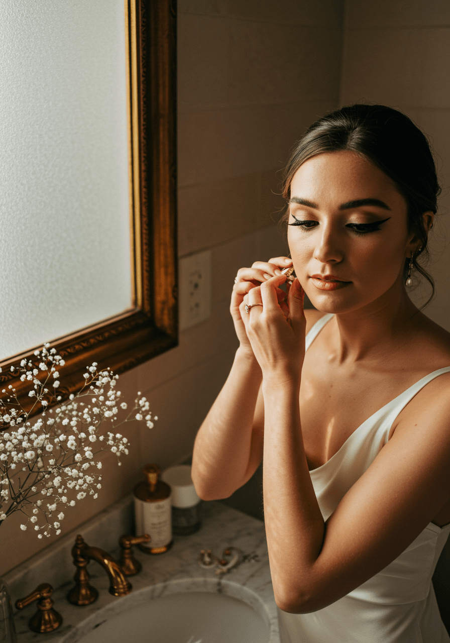 Elegant bride in powder room with minimalist makeup and delicate eyeliner reflected in antique mirror
