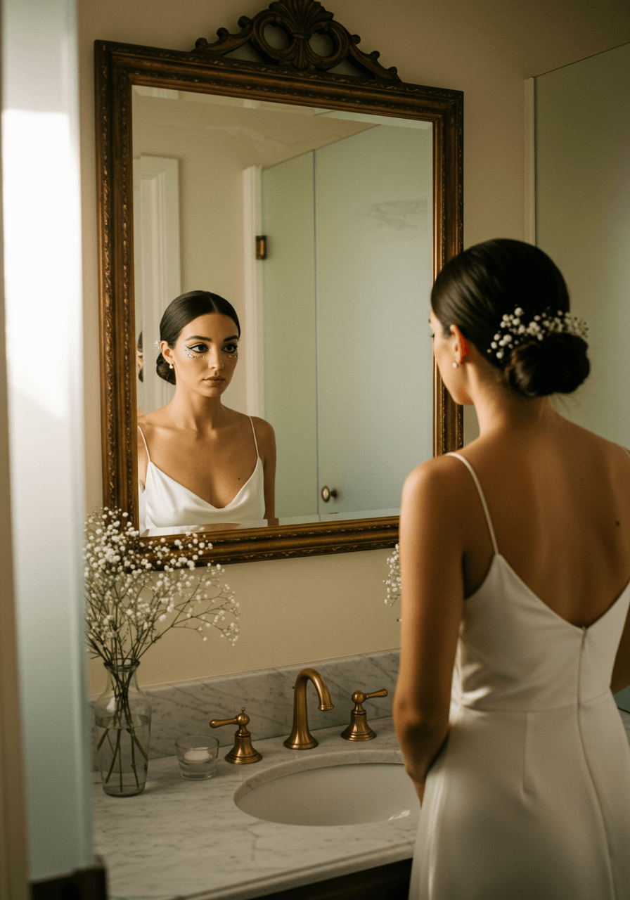 Bride looking into ornate vintage mirror with subtle winged eyeliner during golden hour lighting