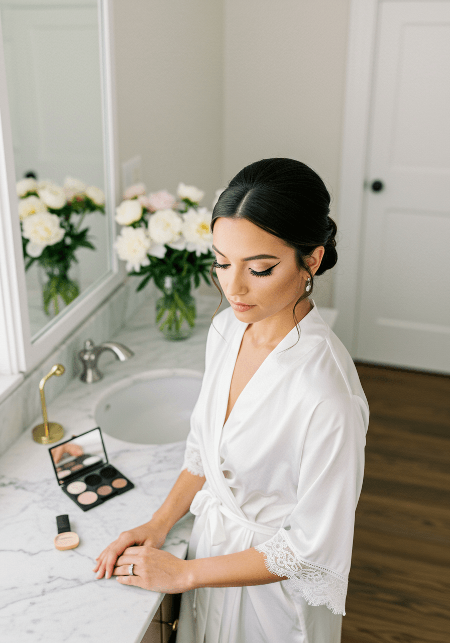 Wide shot of bride at elegant vanity with matte makeup and fresh white flowers