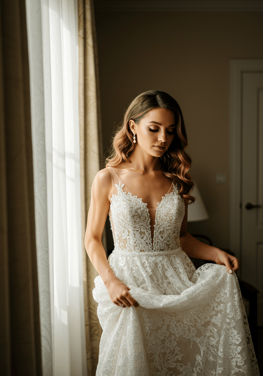 Close-up of bride adjusting pearl earring showing delicate pearl-shimmer eyeliner