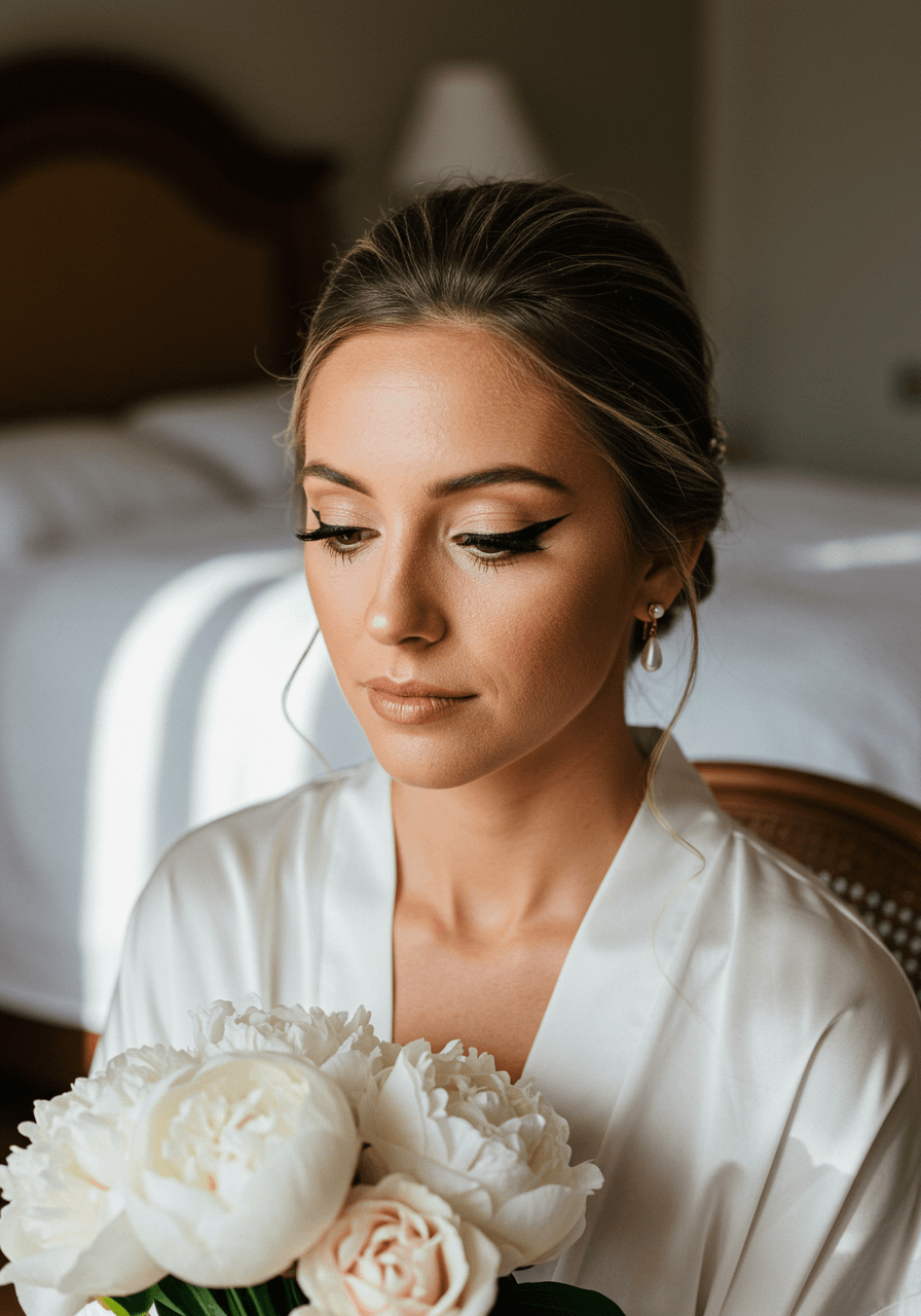 Bride with subtle taupe winged eyeliner sitting in sunlit bridal suite with white linens