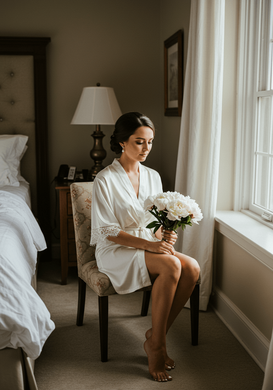 Full-body portrait of bride in ivory dress with natural taupe eyeliner in minimalist setting