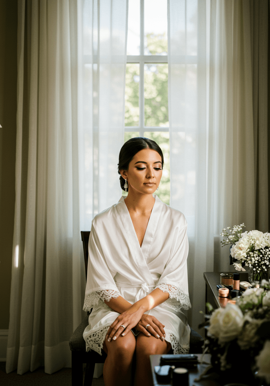 Dreamy bride with barely-visible winged eyeliner in golden hour light with sheer curtains
