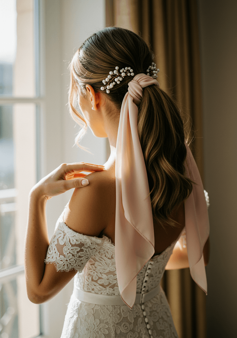 Bride adjusting off-shoulder lace dress while showcasing silk scarf-wrapped ponytail in golden window lighting