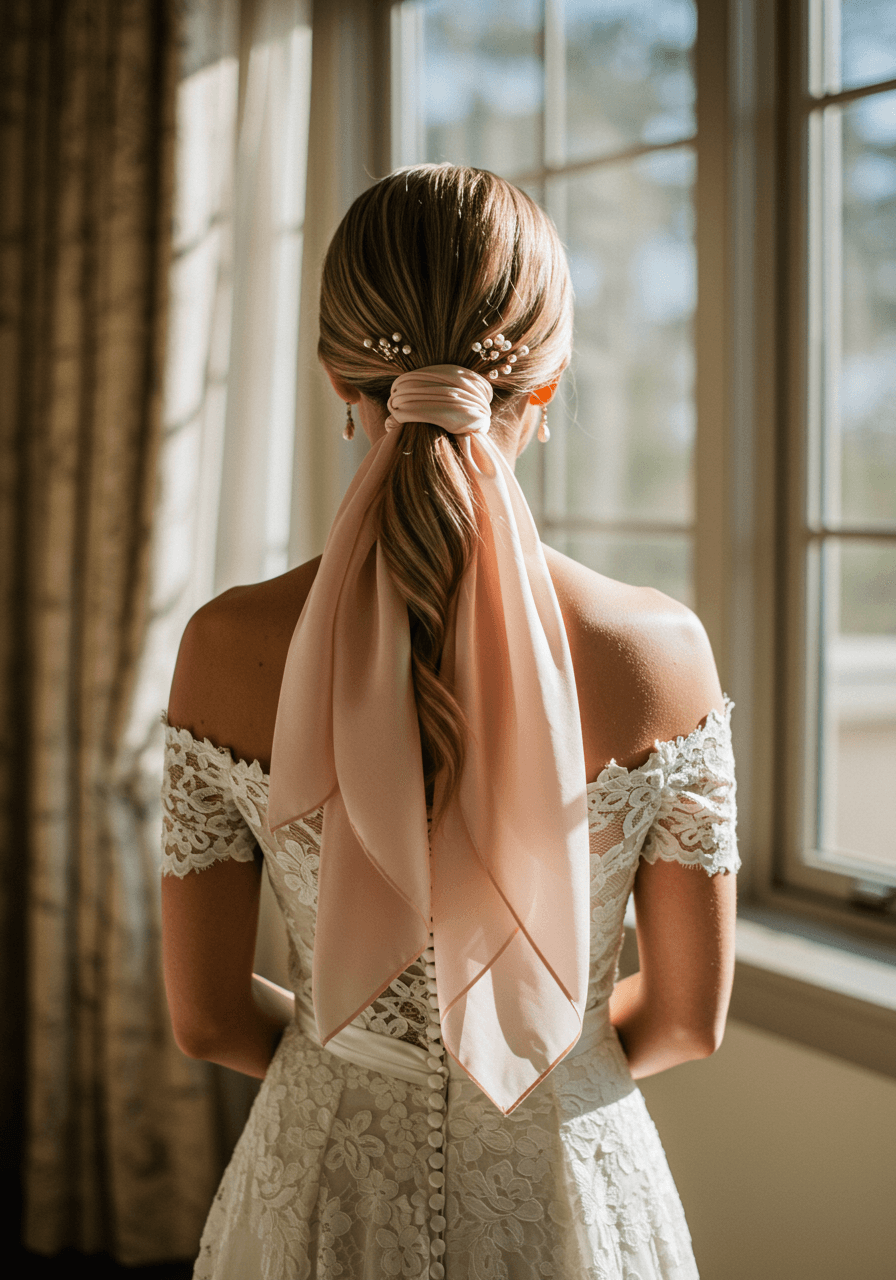 Bride with high ponytail intertwined with flowing blush pink silk scarf in ivory lace dress during golden hour in bridal suite