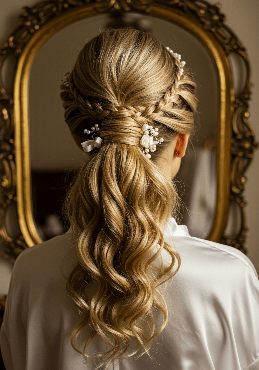 Close-up detail of voluminous high ponytail with intricate braided texture and pearl accessories against vintage mirror
