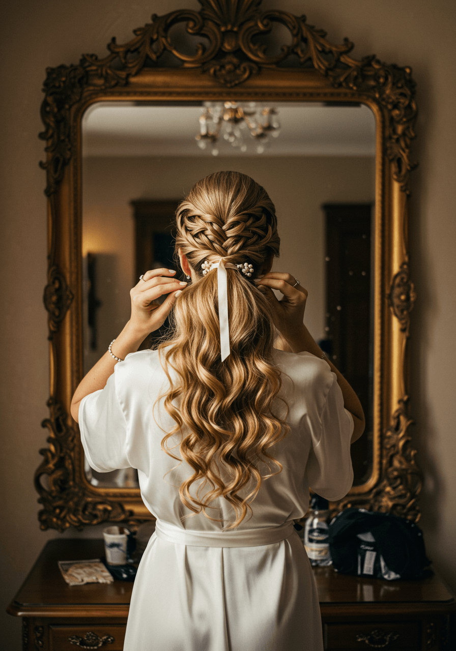 Wide angle view of bride's voluminous ponytail in elegant dressing room with vintage mirror during golden hour