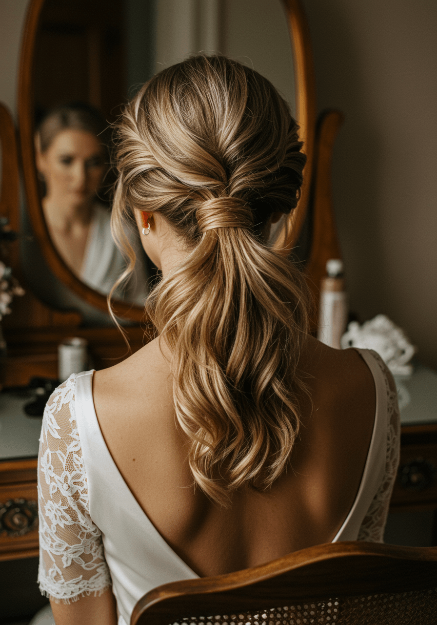 Close-up of bride's textured low ponytail with tousled waves and ribbon tie sitting at vintage vanity during golden hour