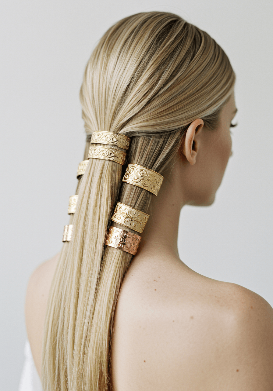 Medium shot of bride's sectional ponytail with geometric gold cuffs showing craftsmanship detail in contemporary setting