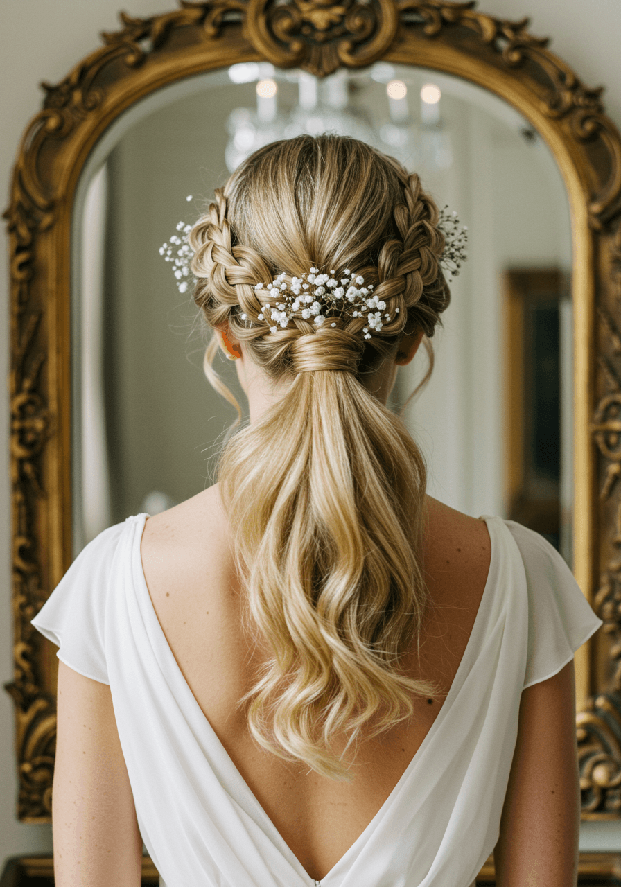 Ornate vintage mirror reflection showing bride's elaborate braided crown transitioning to voluminous ponytail with baby's breath flowers