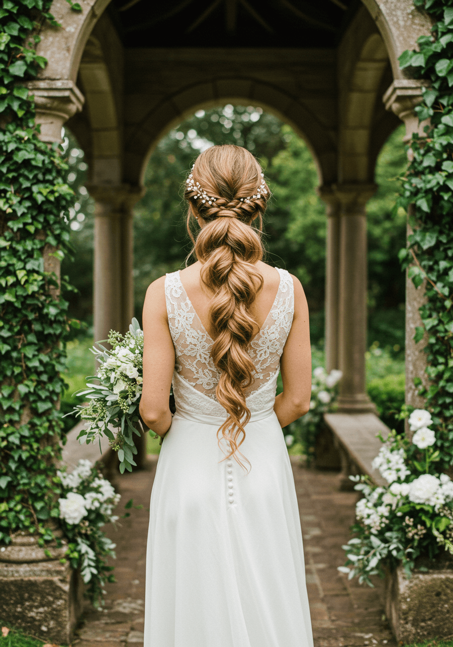 Bride with undone fishtail braid ponytail in flowing silk dress standing in sunlit ivy-covered garden pavilion