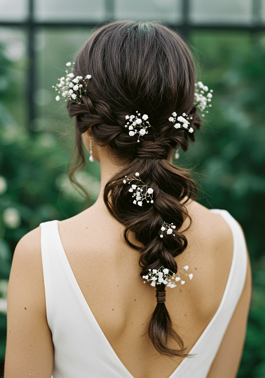 Bride with rope braid ponytail adorned with white flowers in minimalist crepe gown in glass conservatory filled with greenery