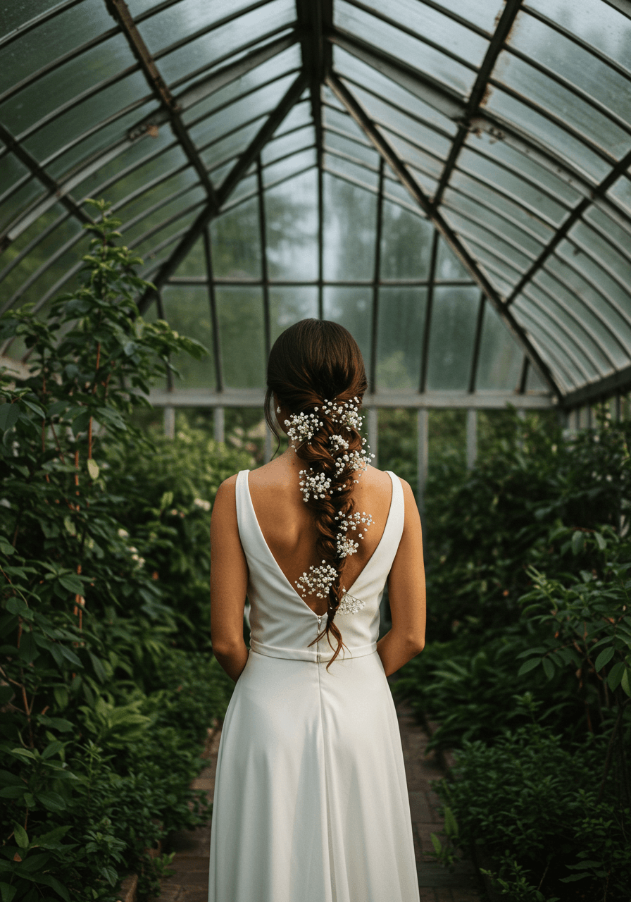Wide angle view of bride with rope braid ponytail in modern glass conservatory during golden hour natural light