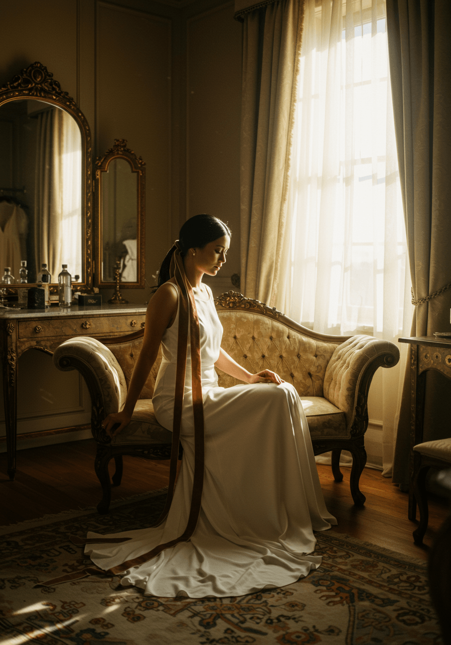 Wide angle view of bride in vintage dressing room with velvet ribbon ponytail during golden hour lighting
