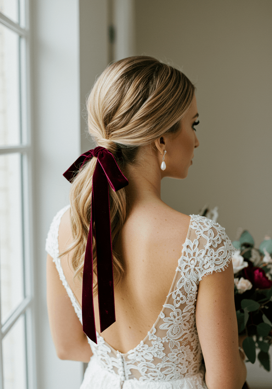 Bride with sleek low ponytail wrapped in deep burgundy velvet ribbon near tall windows in bright modern bridal suite